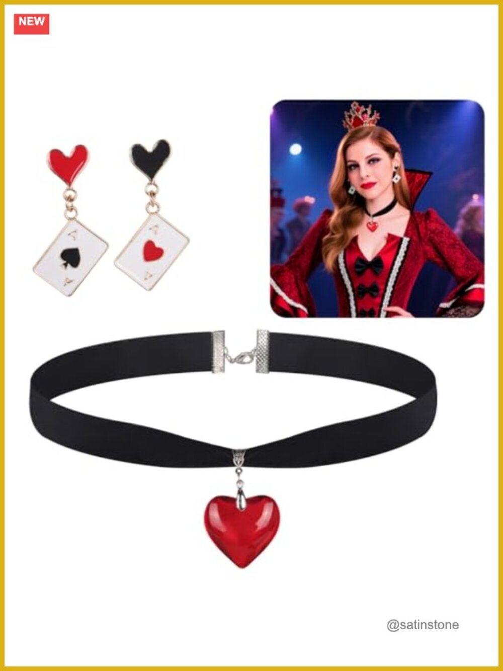 Gold Plated Heart Earrings and Choker Necklace Set Asymmetric Drop Queen